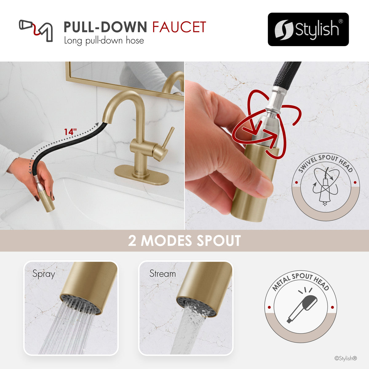 Stylish Aleen Bathroom Faucet Single Handle Brushed Gold B-114G