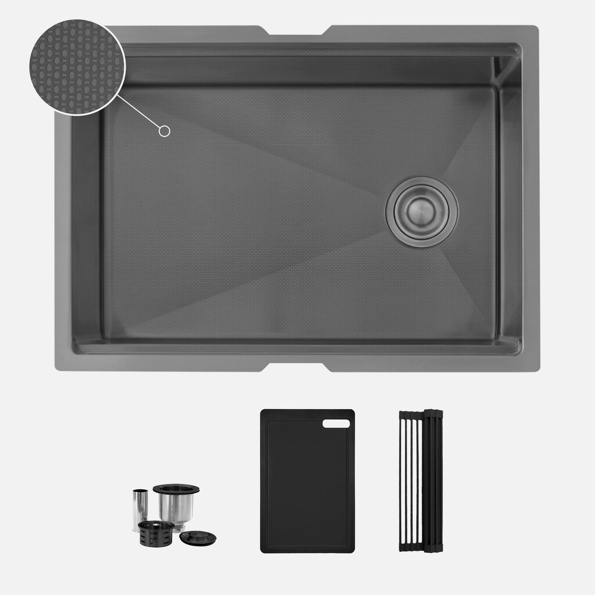 Stylish Onyxo 27" Workstation Single Bowl Undermount 16 Gauge Dura-Tek Kitchen Sink with Black Accessories Included S-727WNK