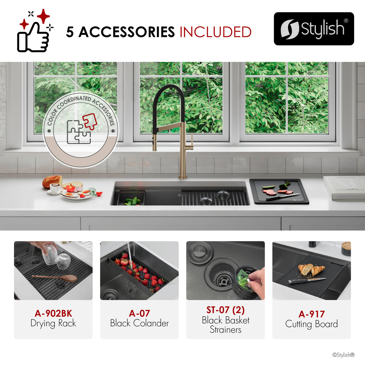 Stylish Onyxo 32" Workstation 50/50 Double Bowl Undermount 16 Gauge Dura-Tek Kitchen Sink with Black Accessories Included S-732WNK