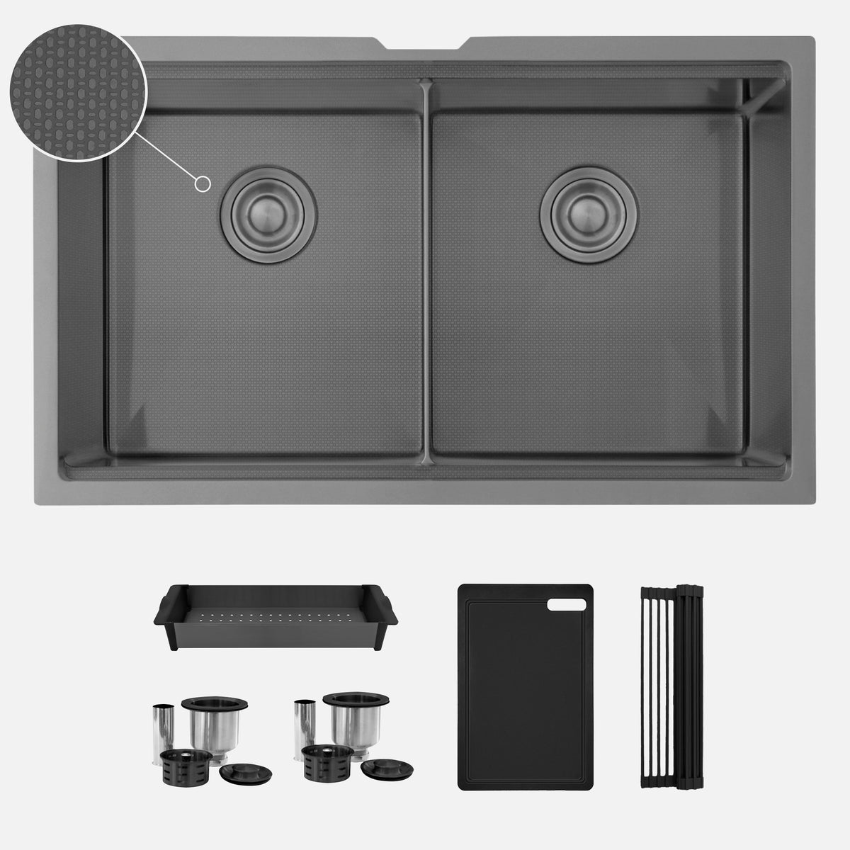 Stylish Onyxo 32" Workstation 50/50 Double Bowl Undermount 16 Gauge Dura-Tek Kitchen Sink with Black Accessories Included S-732WNK