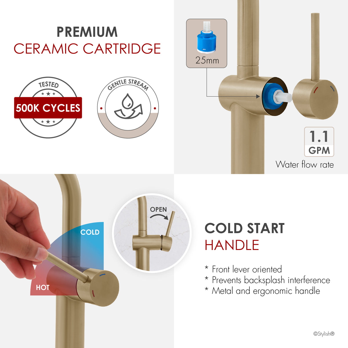 Stylish Cielo Bathroom Faucet Single Handle Brushed Gold B-124G