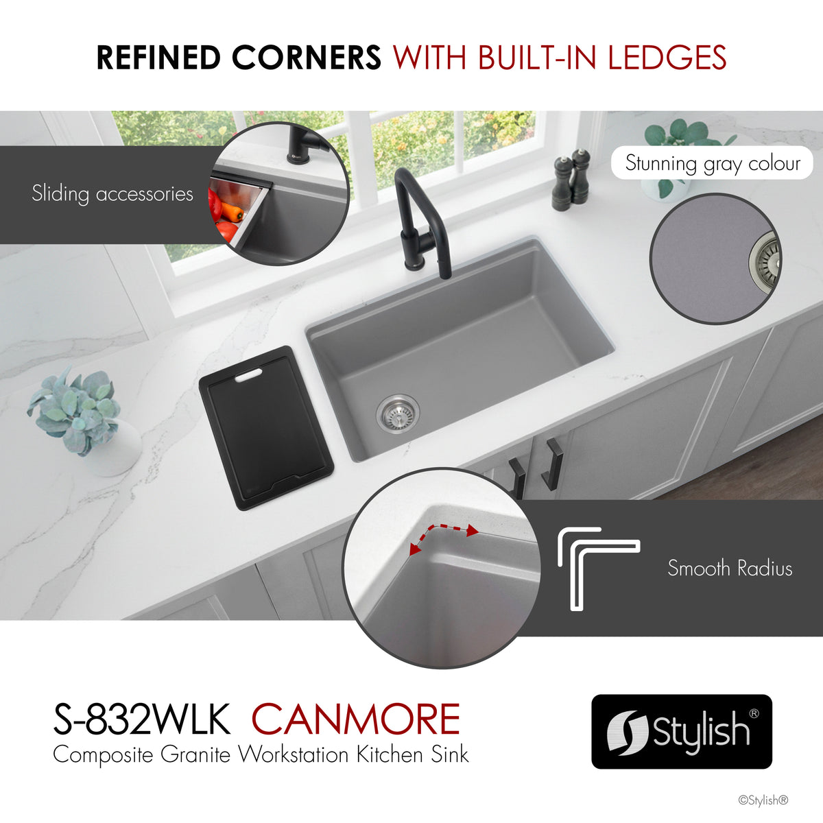 Stylish Canmore 32" Dual Mount Workstation Single Bowl Gray Composite Granite Kitchen Sink with Built in Accessories S-832WLK