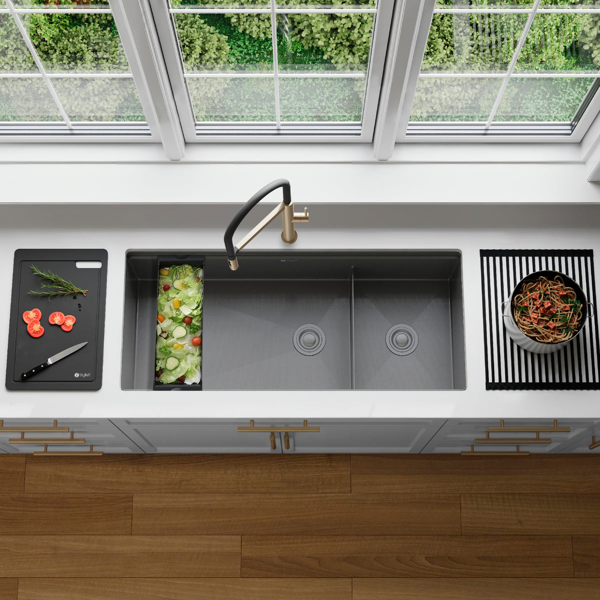 Stylish Onyxo 42" Workstation 70/30 Double Bowl Undermount 16 Gauge Dura-Tek Kitchen Sink with Black Accessories Included S-742WNK