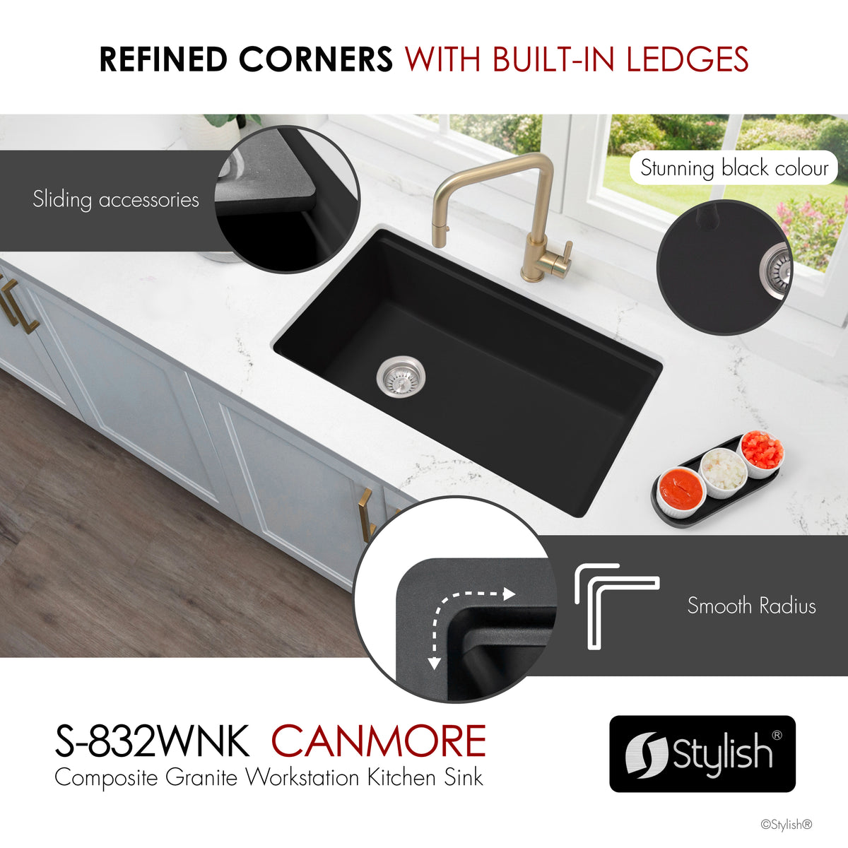 Stylish Canmore 32" Dual Mount Workstation Single Bowl Black Composite Granite Kitchen Sink with Built in Accessories S-832WNK