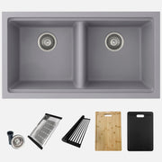 Stylish Banff 33" Dual Mount Workstation Double Bowl Gray Composite Granite Kitchen Sink with Built in Accessories S-833WLK