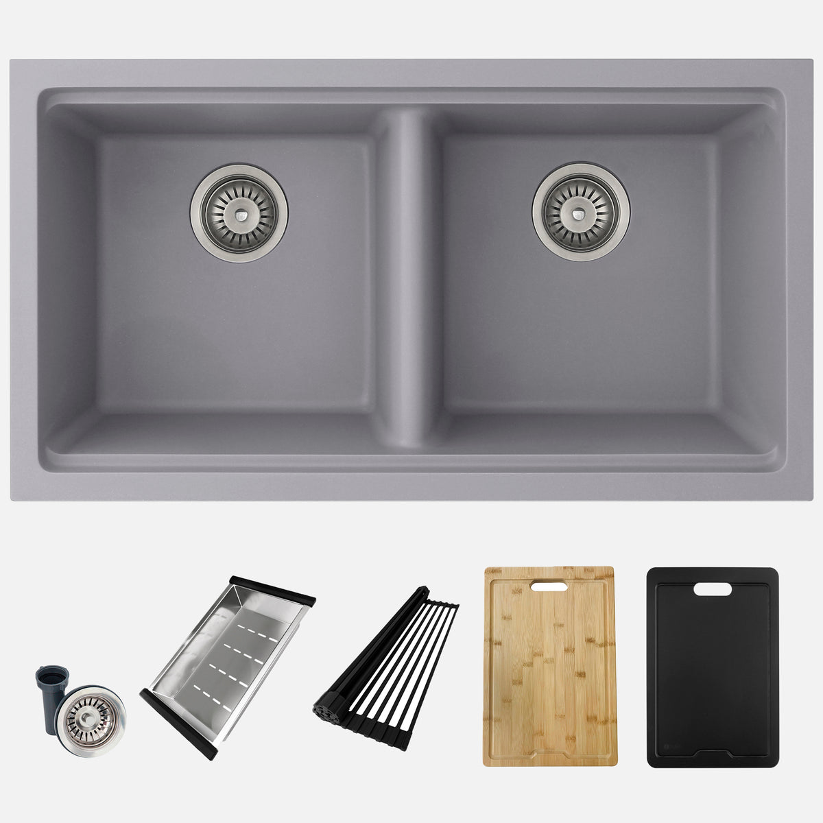 Stylish Banff 33" Dual Mount Workstation Double Bowl Gray Composite Granite Kitchen Sink with Built in Accessories S-833WLK