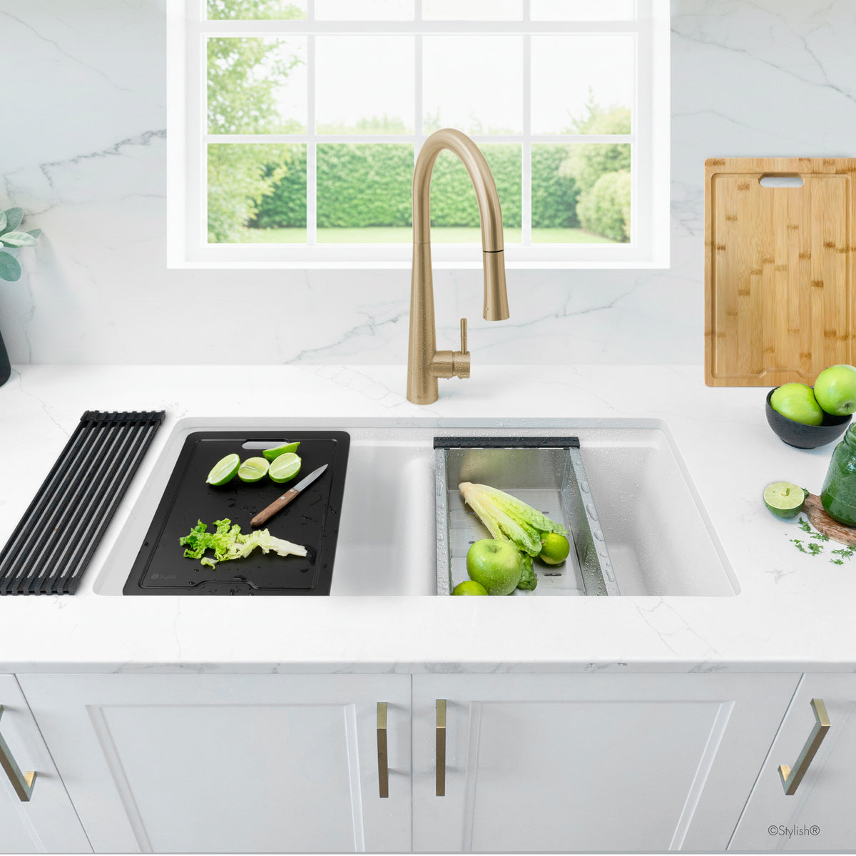 Stylish Banff 33" Dual Mount Workstation Double Bowl White Composite Granite Kitchen Sink with Built in Accessories S-833WHK
