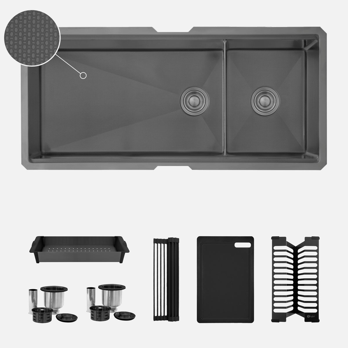 Stylish Onyxo 42" Workstation 70/30 Double Bowl Undermount 16 Gauge Dura-Tek Kitchen Sink with Black Accessories Included S-742WNK