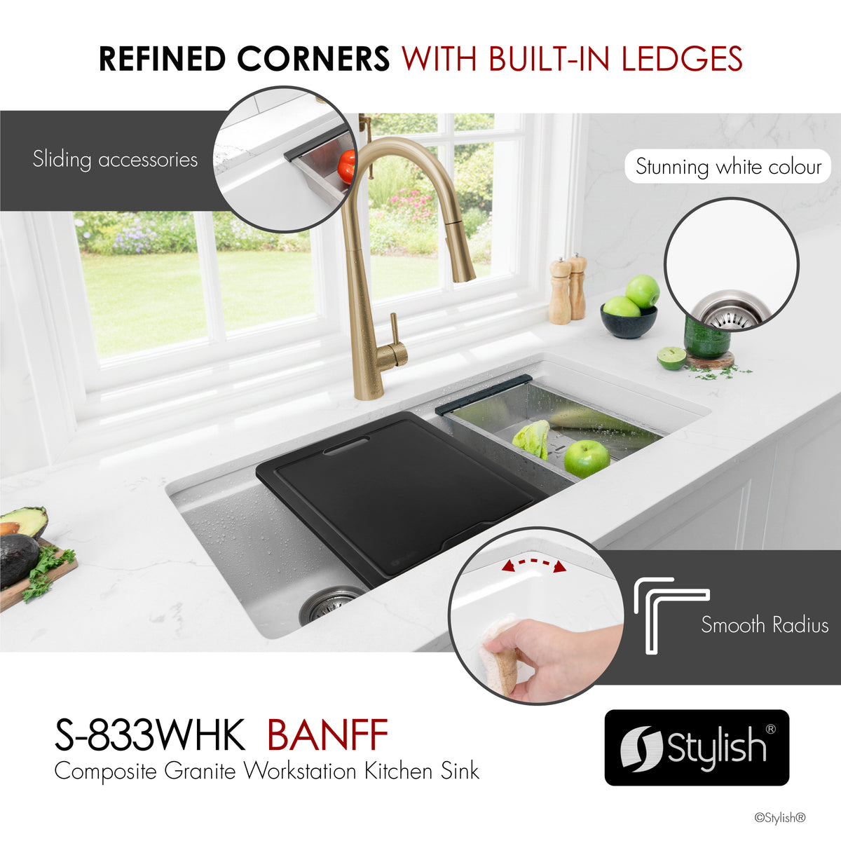 Stylish Banff 33" Dual Mount Workstation Double Bowl White Composite Granite Kitchen Sink with Built in Accessories S-833WHK