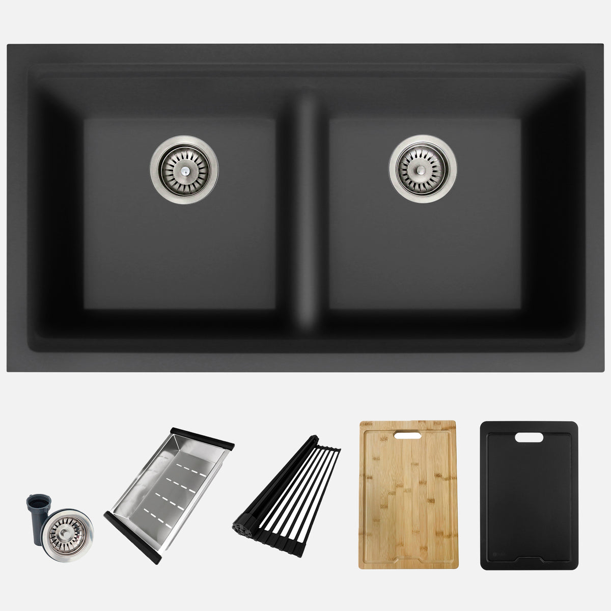 Stylish Banff 33" Dual Mount Workstation Double Bowl Black Composite Granite Kitchen Sink with Built in Accessories S-833WNK
