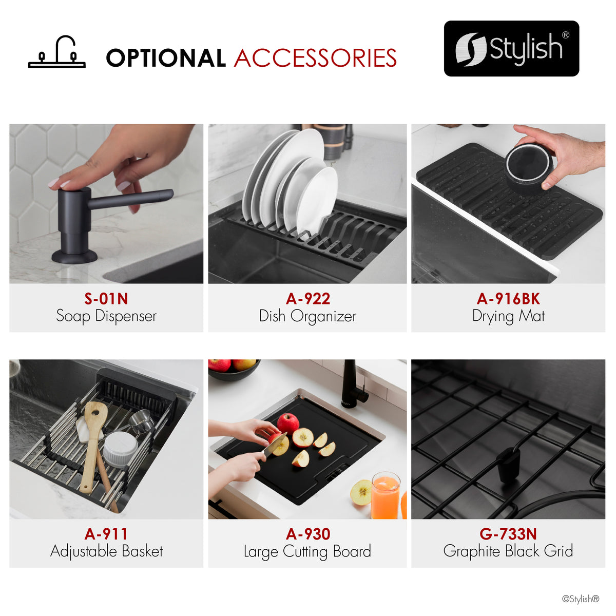Stylish Onyxo 33" Workstation Single Bowl Undermount 16 Gauge Dura-Tek Kitchen Sink with Black Accessories Included S-733WNK