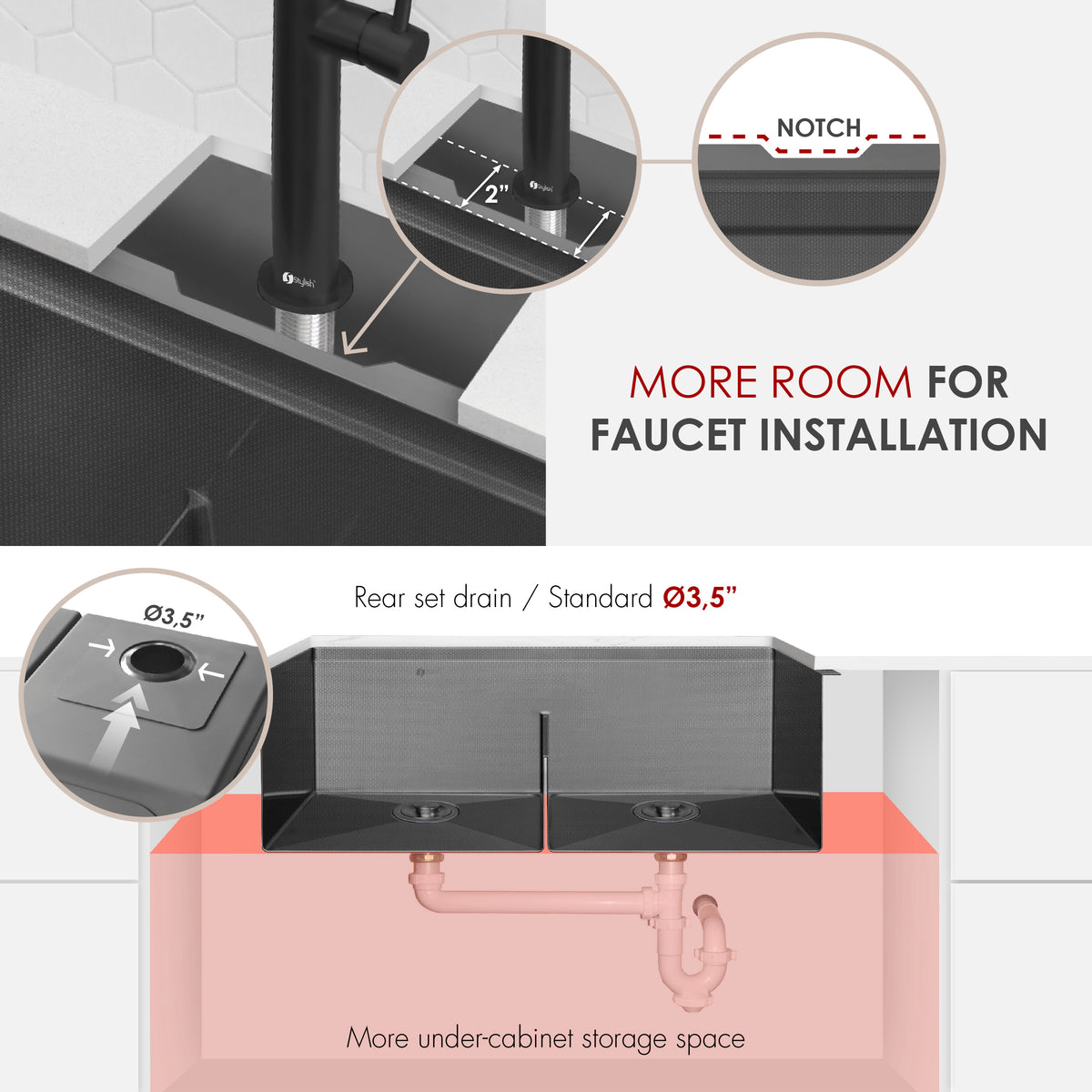 Stylish Onyxo 32" Workstation 50/50 Double Bowl Undermount 16 Gauge Dura-Tek Kitchen Sink with Black Accessories Included S-732WNK
