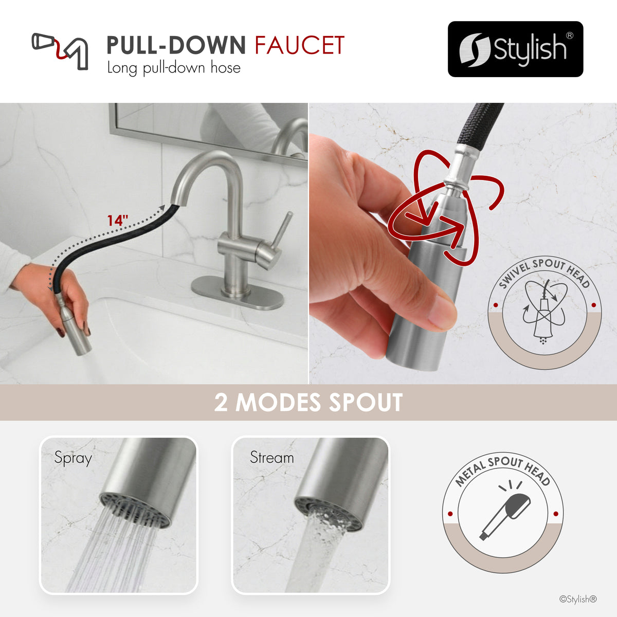 Stylish Aleen Bathroom Faucet Single Handle Stainless Steel B-114S