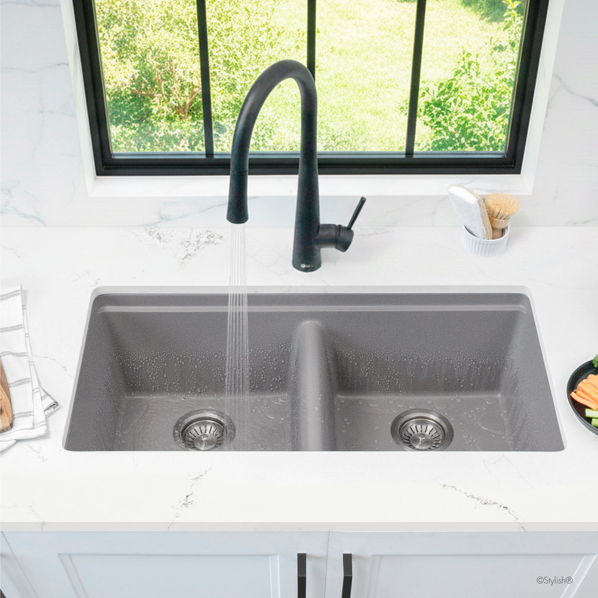 Stylish Banff 33" Dual Mount Workstation Double Bowl Gray Composite Granite Kitchen Sink with Built in Accessories S-833WLK