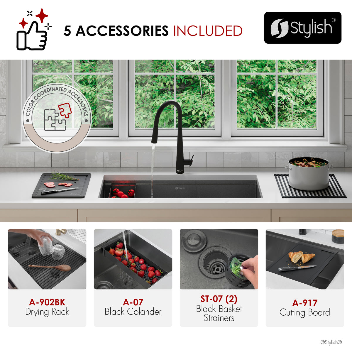 Stylish Onyxo 36" Workstation 60/40 Double Bowl Undermount 16 Gauge Dura-Tek Kitchen Sink with Black Accessories Included S-736WNK