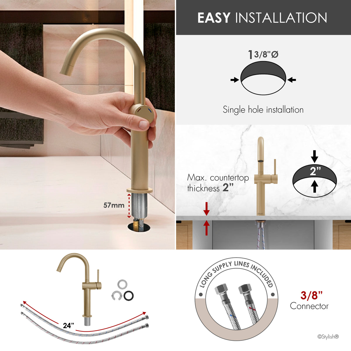 Stylish Cielo Bathroom Faucet Single Handle Brushed Gold B-124G