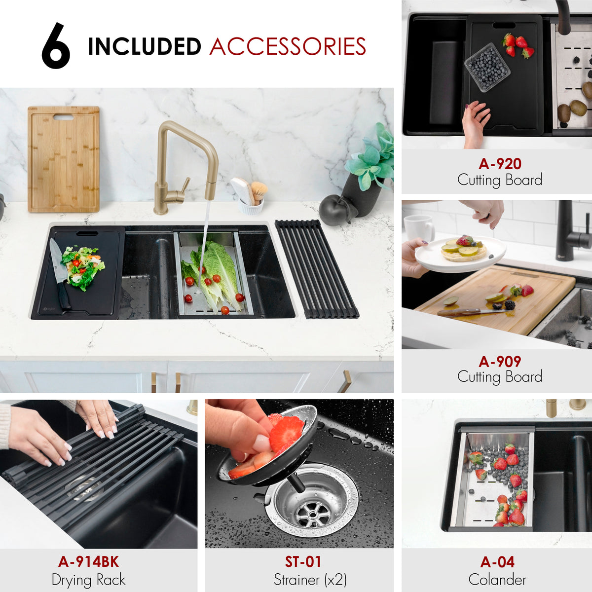 Stylish Banff 33" Dual Mount Workstation Double Bowl Black Composite Granite Kitchen Sink with Built in Accessories S-833WNK