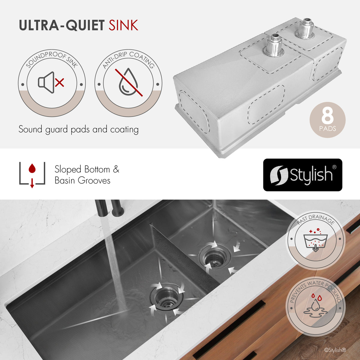 Stylish Onyxo 42" Workstation 70/30 Double Bowl Undermount 16 Gauge Dura-Tek Kitchen Sink with Black Accessories Included S-742WNK
