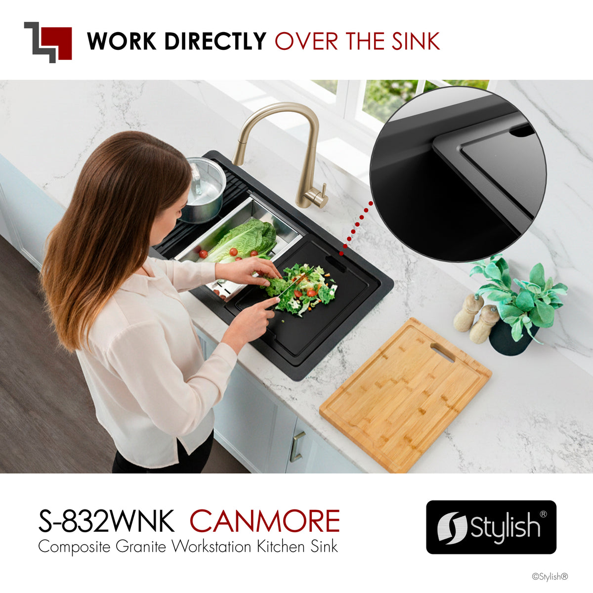 Stylish Canmore 32" Dual Mount Workstation Single Bowl Black Composite Granite Kitchen Sink with Built in Accessories S-832WNK