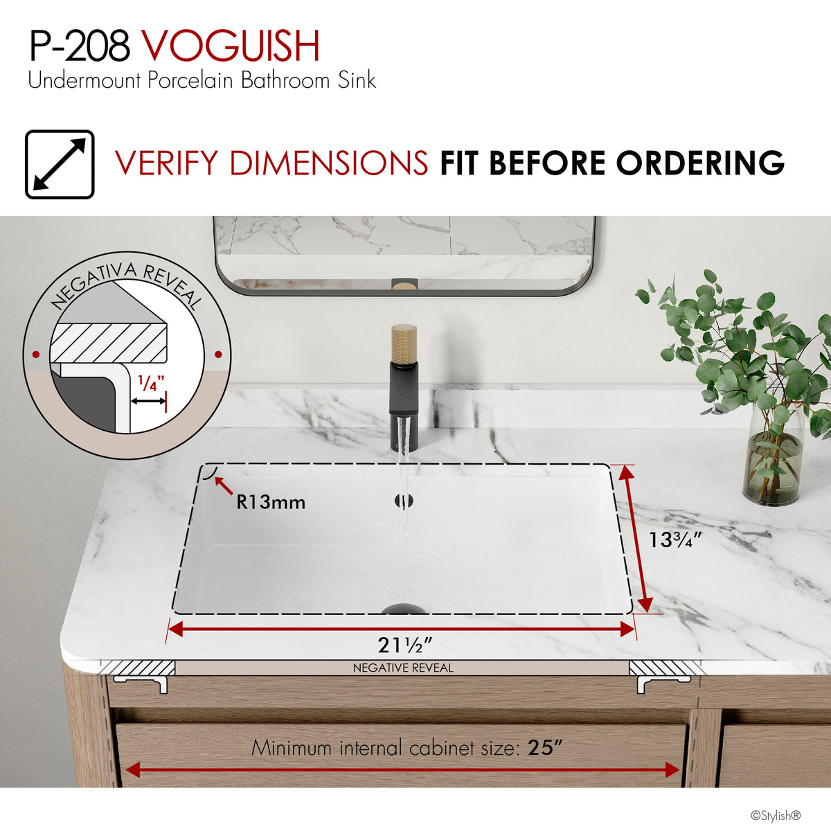 Stylish Voguish 24 1/2" White Rectangular Undermount Bathroom Sink P-208