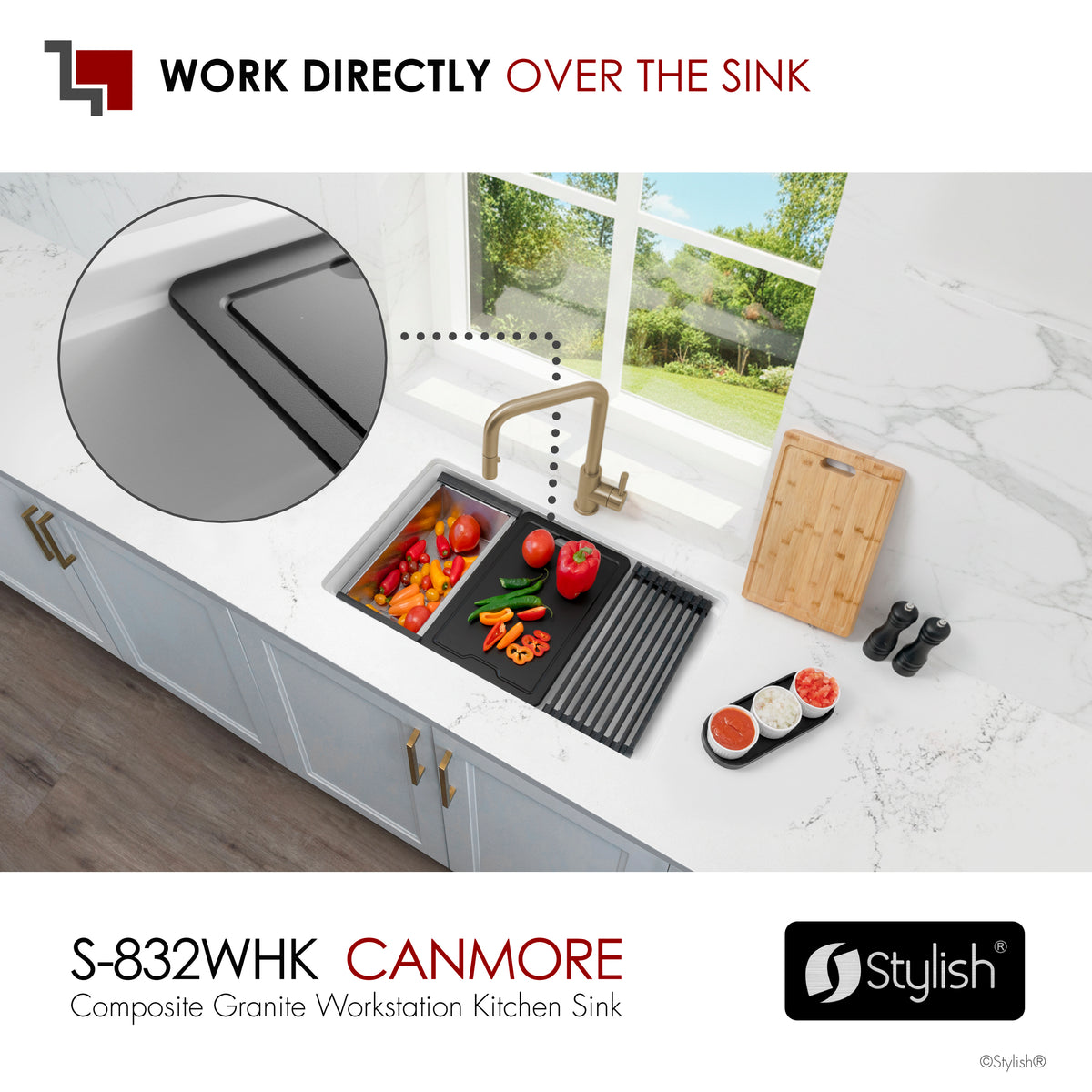 Stylish Canmore 32" Dual Mount Workstation Single Bowl White Composite Granite Kitchen Sink with Built in Accessories S-832WHK