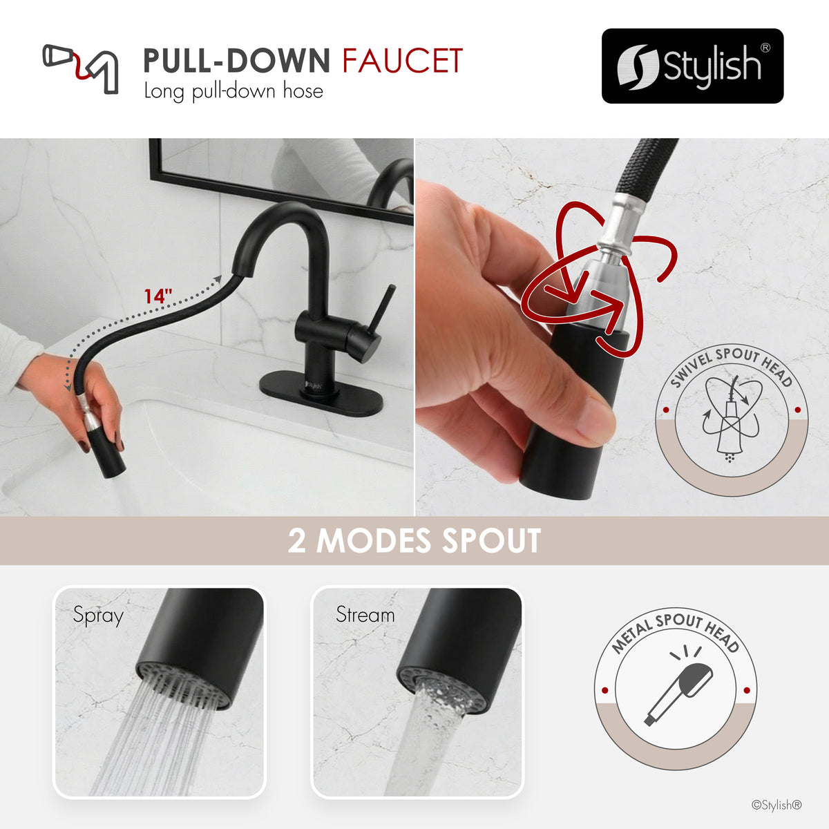 Stylish Aleen Bathroom Faucet Single Handle Matte Black B-114N