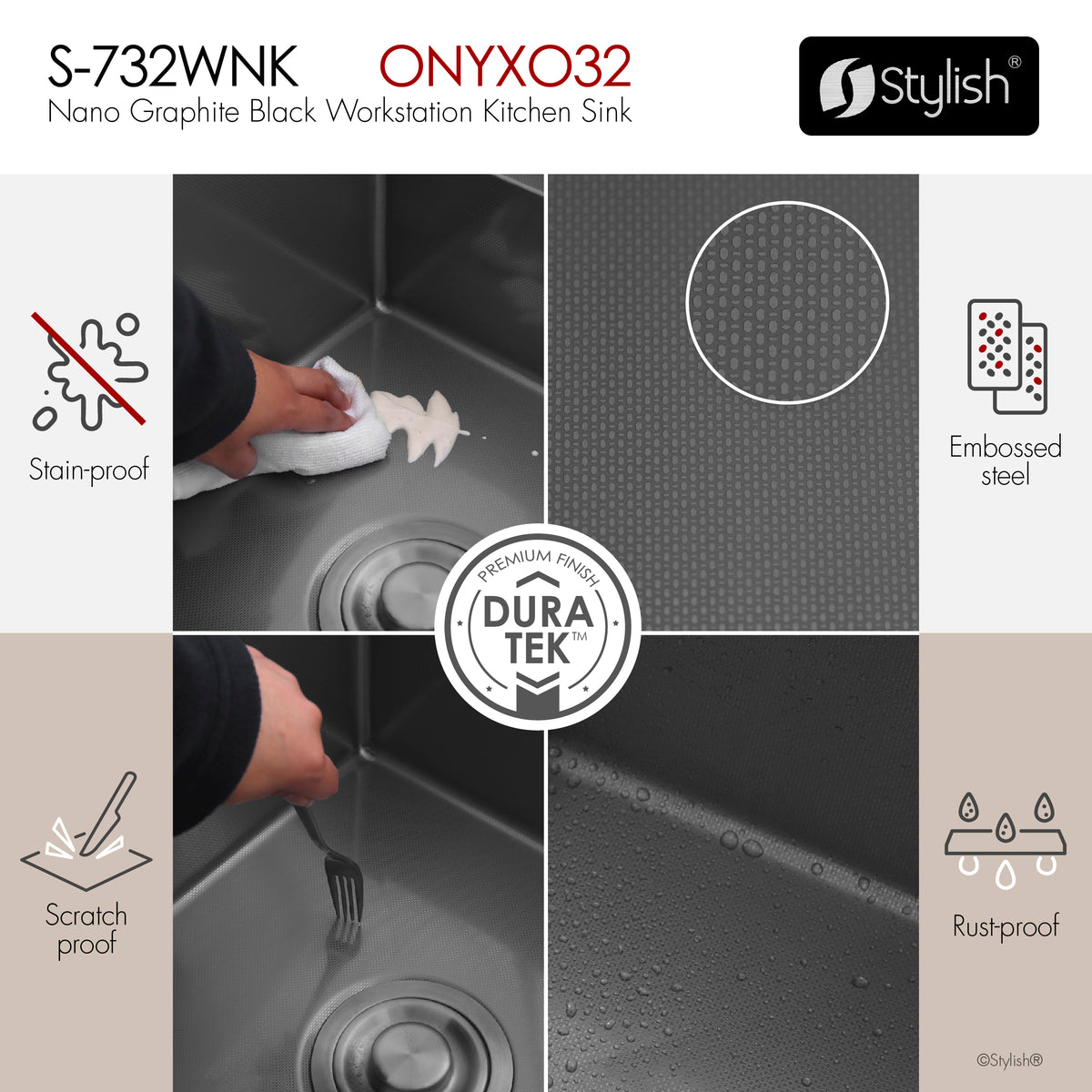 Stylish Onyxo 32" Workstation 50/50 Double Bowl Undermount 16 Gauge Dura-Tek Kitchen Sink with Black Accessories Included S-732WNK