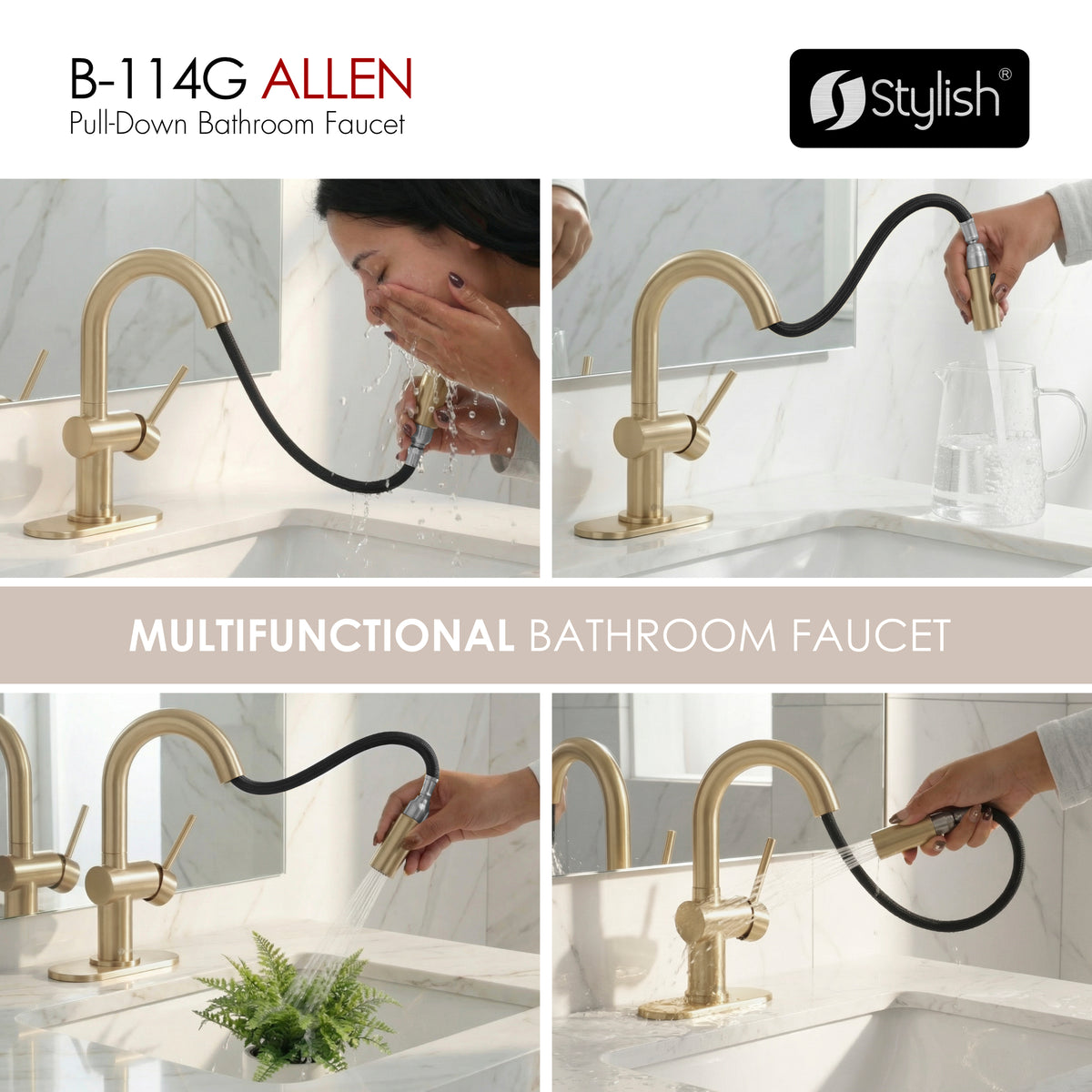 Stylish Aleen Bathroom Faucet Single Handle Brushed Gold B-114G