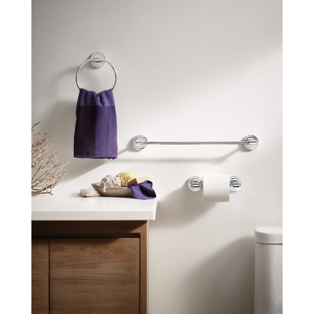 Moen Iso 3 Pc Kit: Pivoting Paper Holder, Towel Bar and Towel Ring DN0793 in Chrome (DN0793CH) - view 2