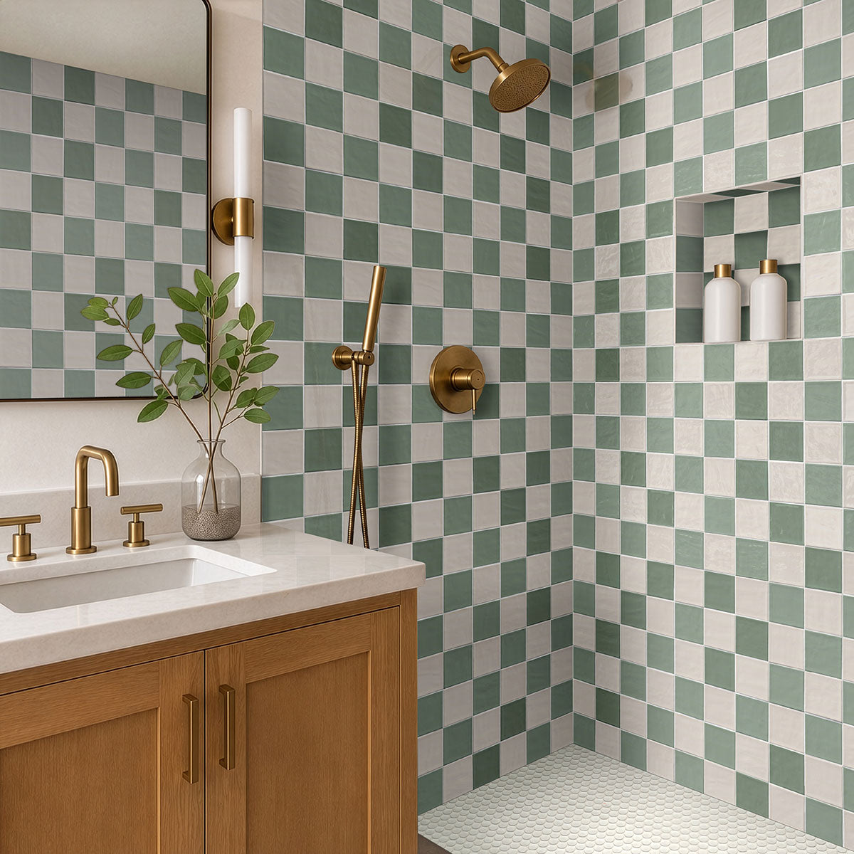 MSI Penny Round Bianco Glossy Porcelain mosaic (SMOT-PT-PENRD-BIA) – MSI room scene (bathroom)