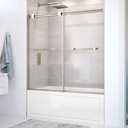 Duel 56-59 x 55 ½ x 59 in. 8 mm Bypass Tub Door for Alcove Installation with Clear glass in Brushed Nickel & Matte White - Plumbing Market