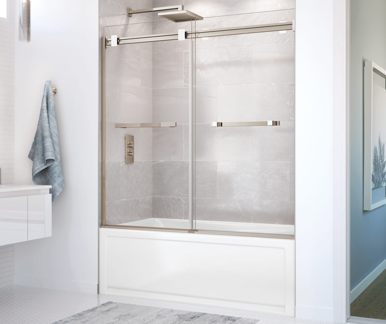 Duel 56-59 x 55 ½ x 59 in. 8 mm Bypass Tub Door for Alcove Installation with Clear glass in Brushed Nickel & Matte White - Plumbing Market