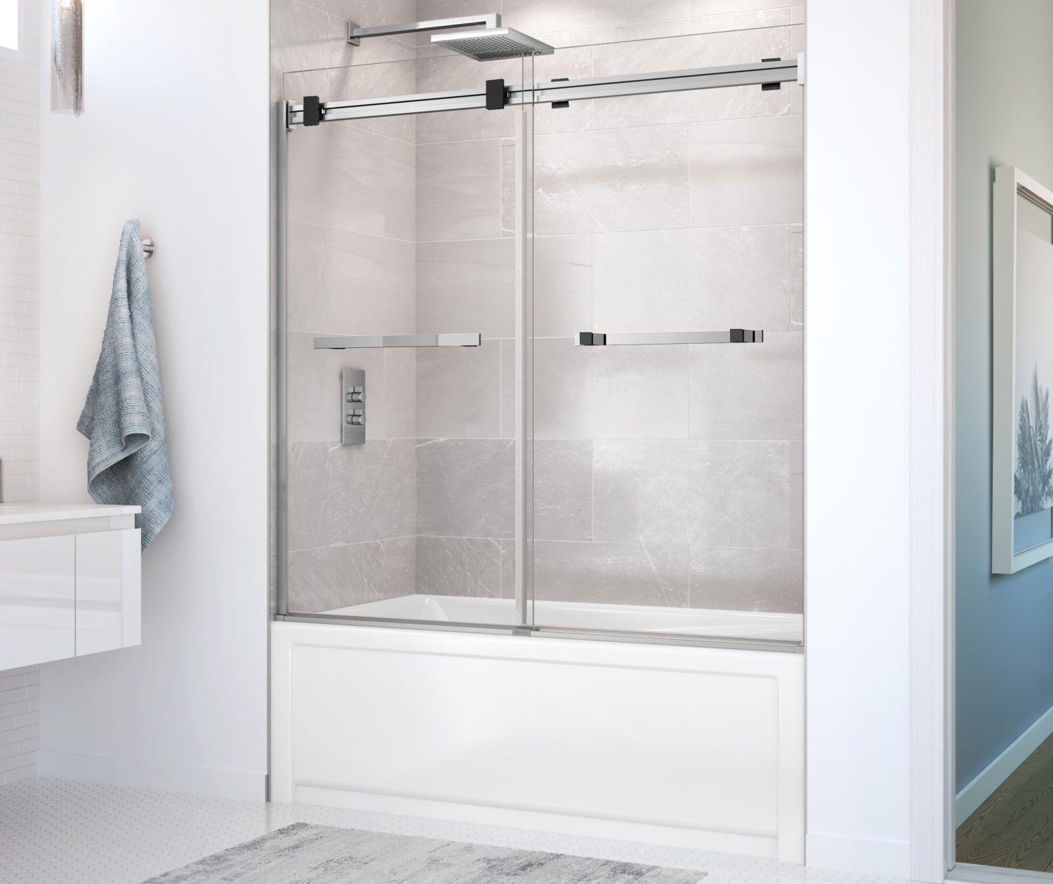 Duel 56-59 x 55 ½ x 59 in. 8 mm Bypass Tub Door for Alcove Installation with Clear glass in Chrome & Matte Black - Plumbing Market