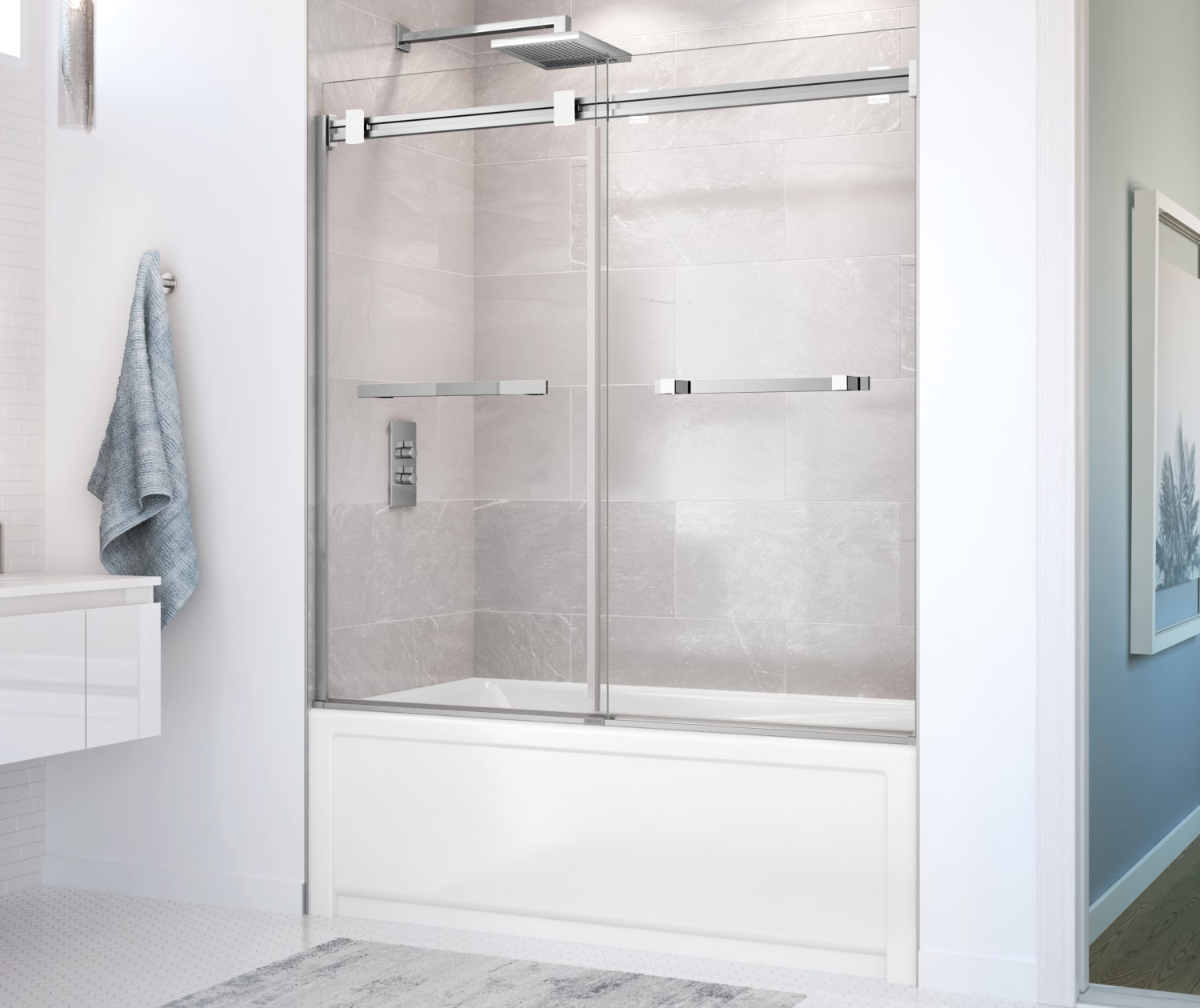 Duel 56-59 x 55 ½ x 59 in. 8 mm Bypass Tub Door for Alcove Installation with Clear glass in Chrome & Matte White - Plumbing Market