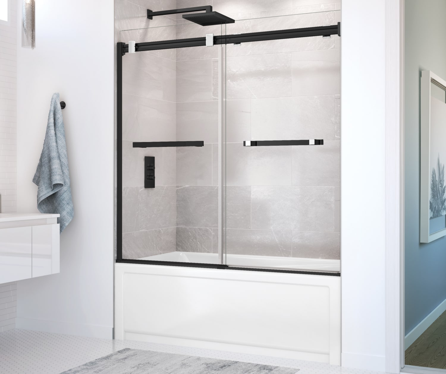 Duel 56-59 x 55 ½ x 59 in. 8 mm Bypass Tub Door for Alcove Installation with Clear glass in Matte Black & Chrome - Plumbing Market