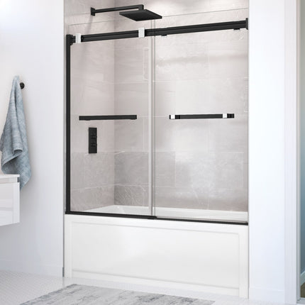 Duel 56-59 x 55 ½ x 59 in. 8 mm Bypass Tub Door for Alcove Installation with Clear glass in Matte Black & Chrome - Plumbing Market