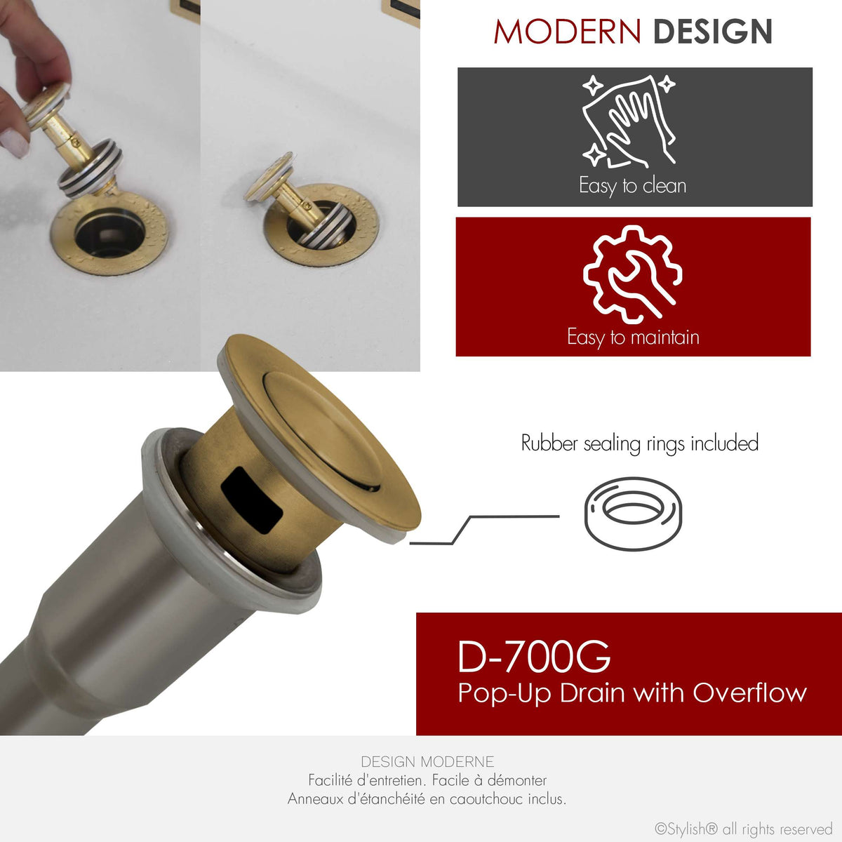 Stylish Pop-Up Bathroom Sink Drain with Overflow Brushed Gold D-700G