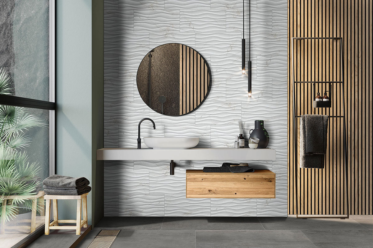 MSI Dymo Calacatta Wavy White 12 x 24 Glossy Ceramic tile (NDYMCALWAVWHI1224G-N) – MSI room scene (bathroom)