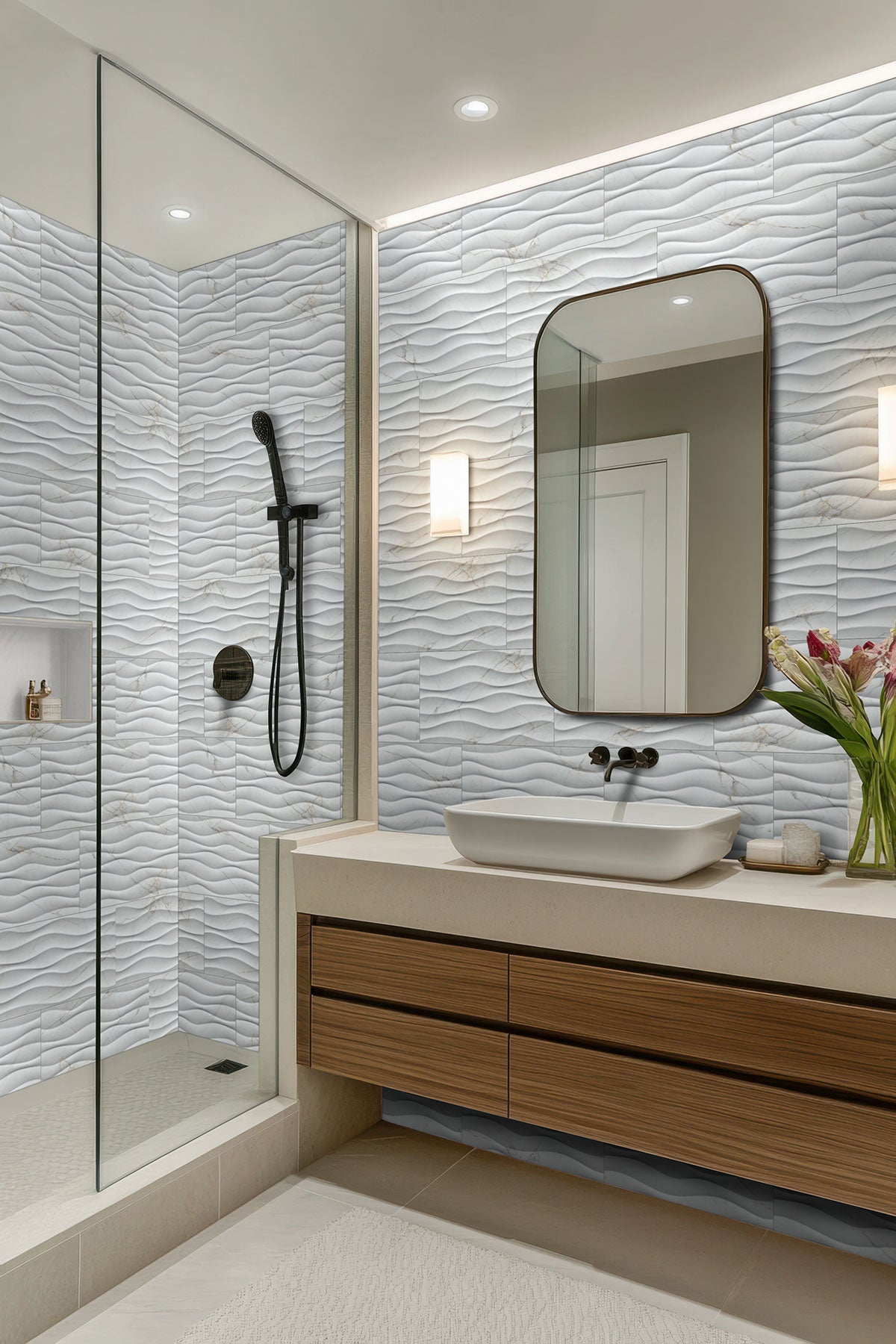 MSI Dymo Calacatta Wavy White 12 x 24 Glossy Ceramic tile (NDYMCALWAVWHI1224G-N) – MSI room scene (bathroom)