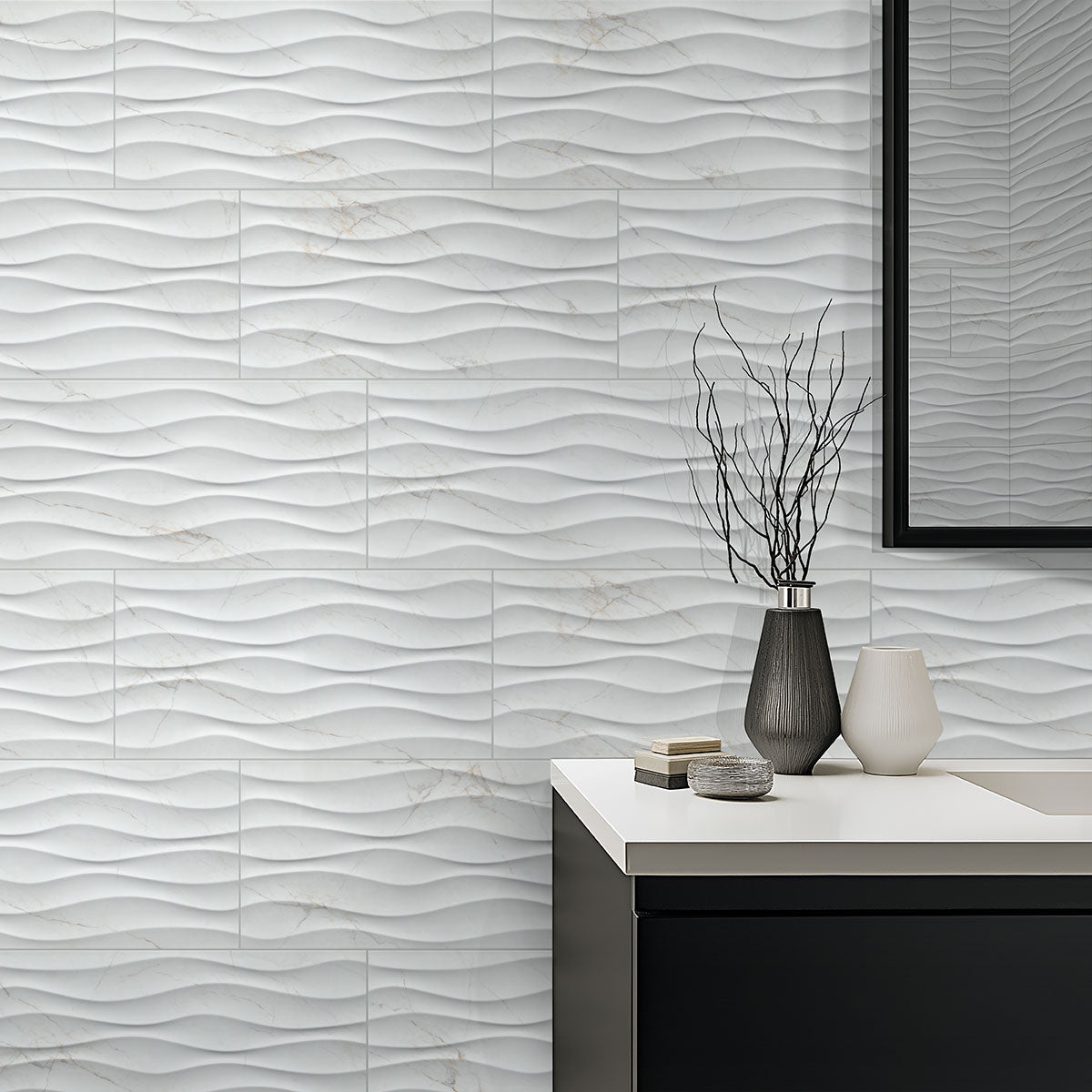 MSI Dymo Calacatta Wavy White 12 x 24 Glossy Ceramic tile (NDYMCALWAVWHI1224G-N) – MSI room scene (bathroom)