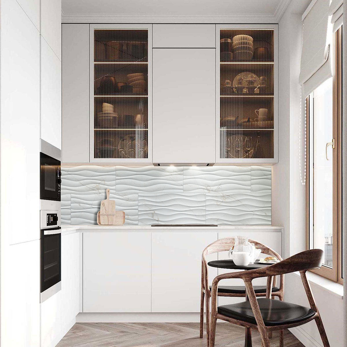 MSI Dymo Calacatta Wavy White 12 x 24 Glossy Ceramic tile (NDYMCALWAVWHI1224G-N) – MSI room scene (kitchen)