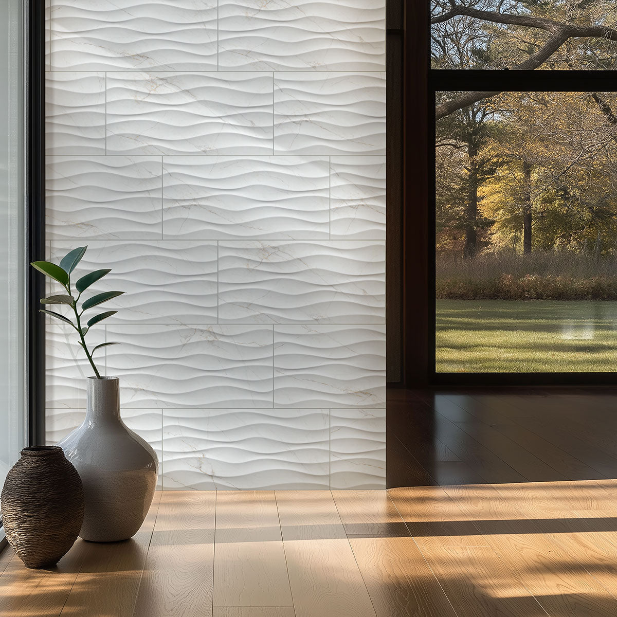 MSI Dymo Calacatta Wavy White 12 x 24 Glossy Ceramic tile (NDYMCALWAVWHI1224G-N) – MSI room scene (living room)