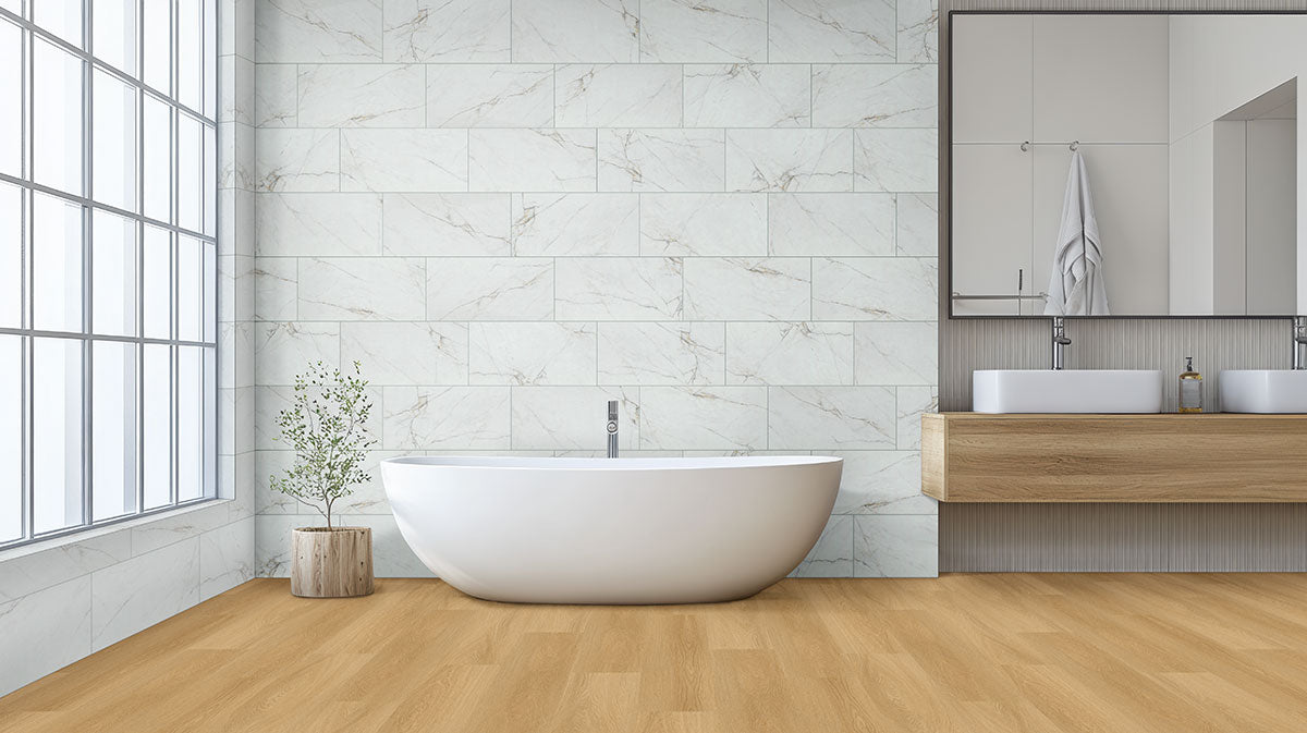 MSI Dymo Calacatta White 12 x 24 Glossy Ceramic tile (NDYMCALWHI1224G-N) – MSI room scene (bathroom)