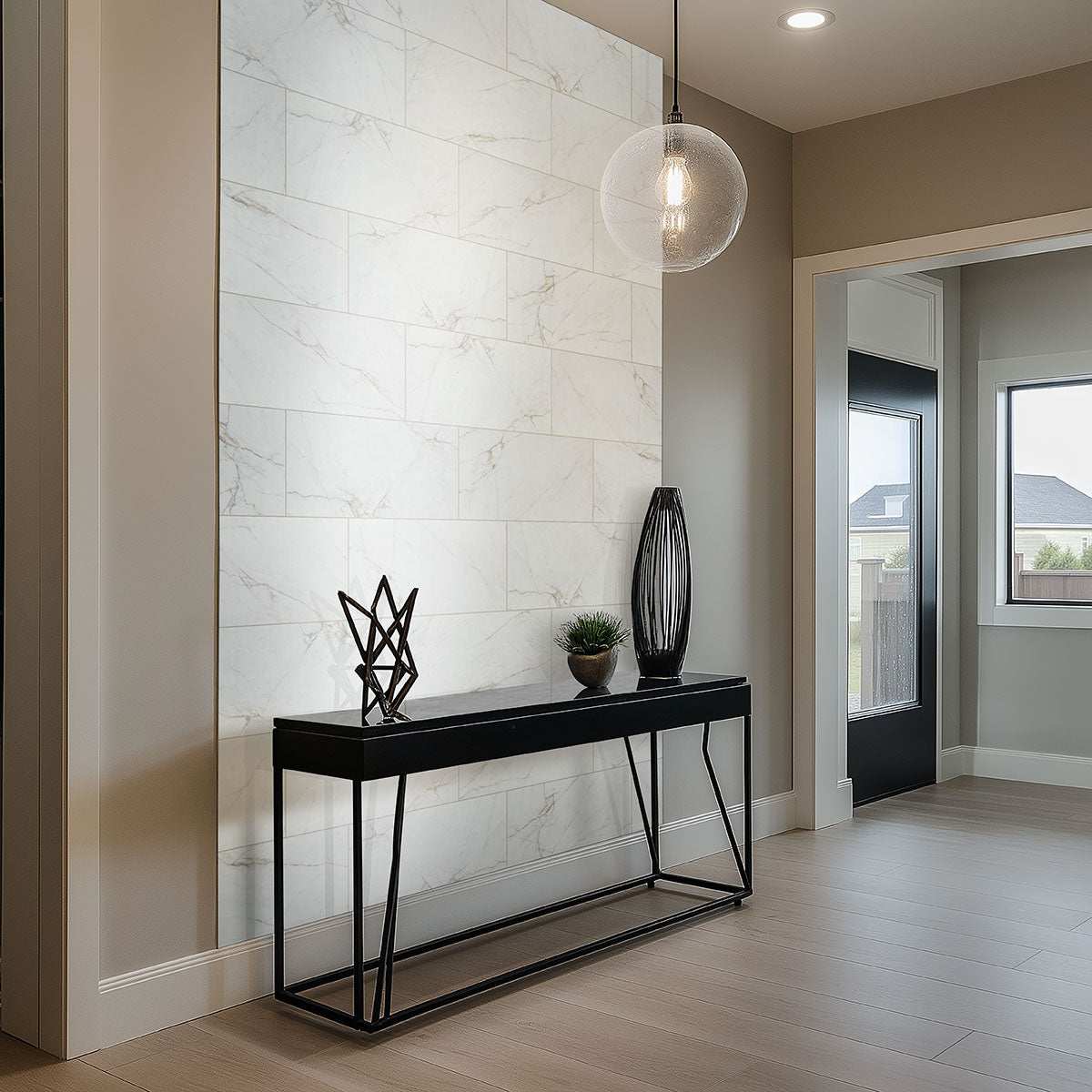 MSI Dymo Calacatta White 12 x 24 Glossy Ceramic tile (NDYMCALWHI1224G-N) – MSI room scene (living room)