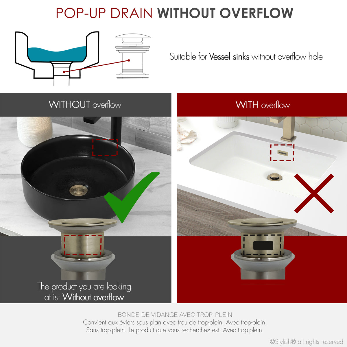 Stylish Brushed Gold Standard Pop-Up Drain Vessel Sink Without Overflow D-703G