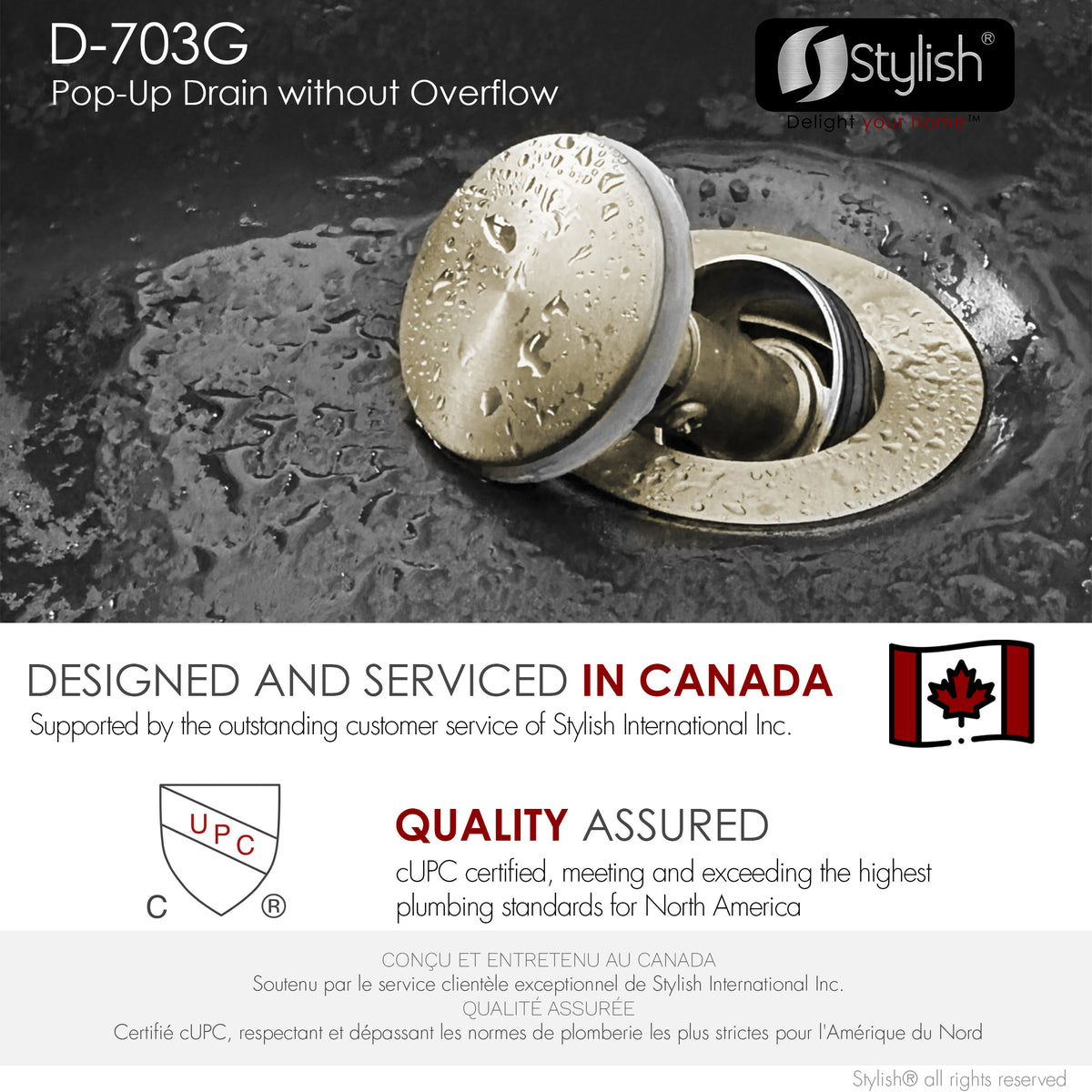 Stylish Brushed Gold Standard Pop-Up Drain Vessel Sink Without Overflow D-703G
