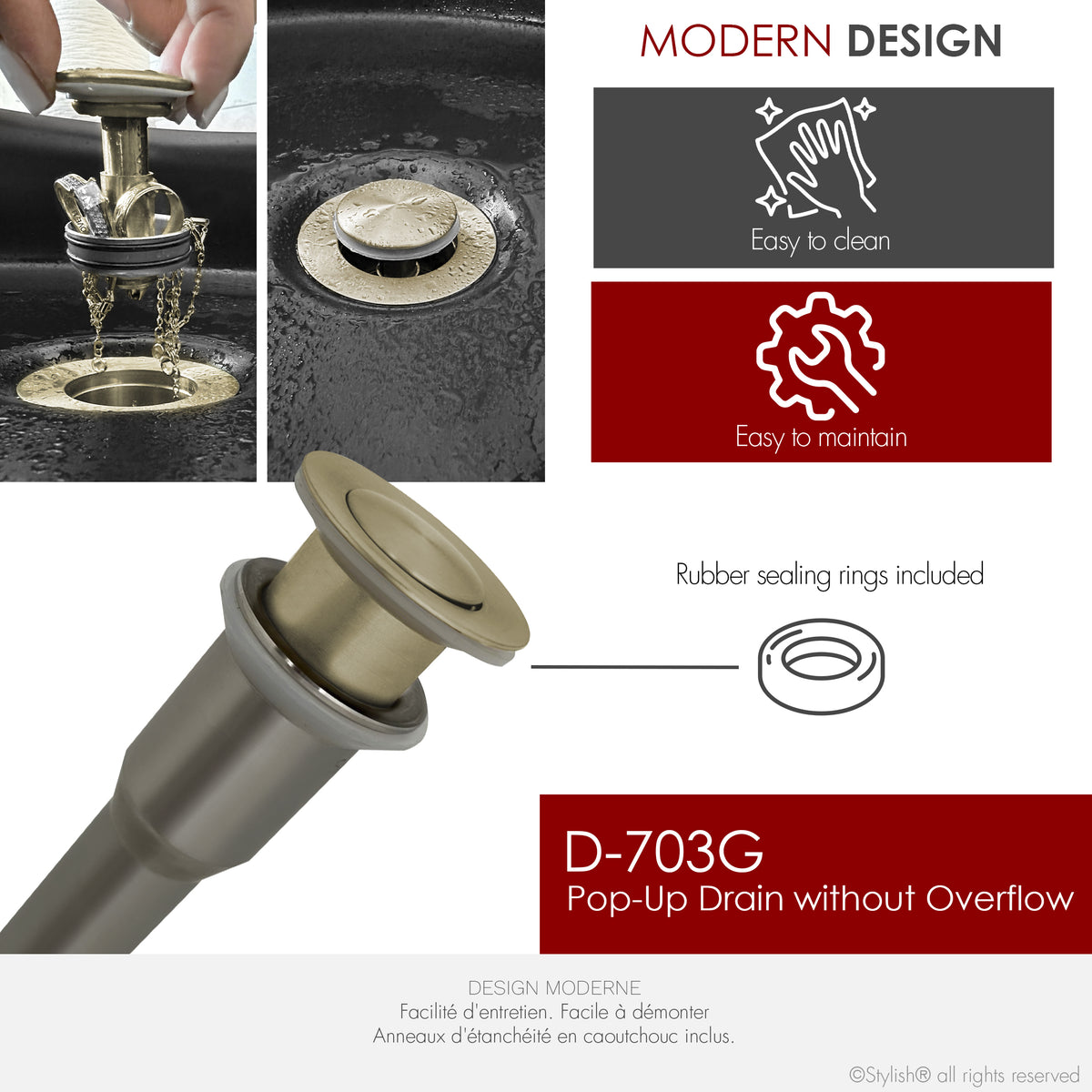 Stylish Brushed Gold Standard Pop-Up Drain Vessel Sink Without Overflow D-703G