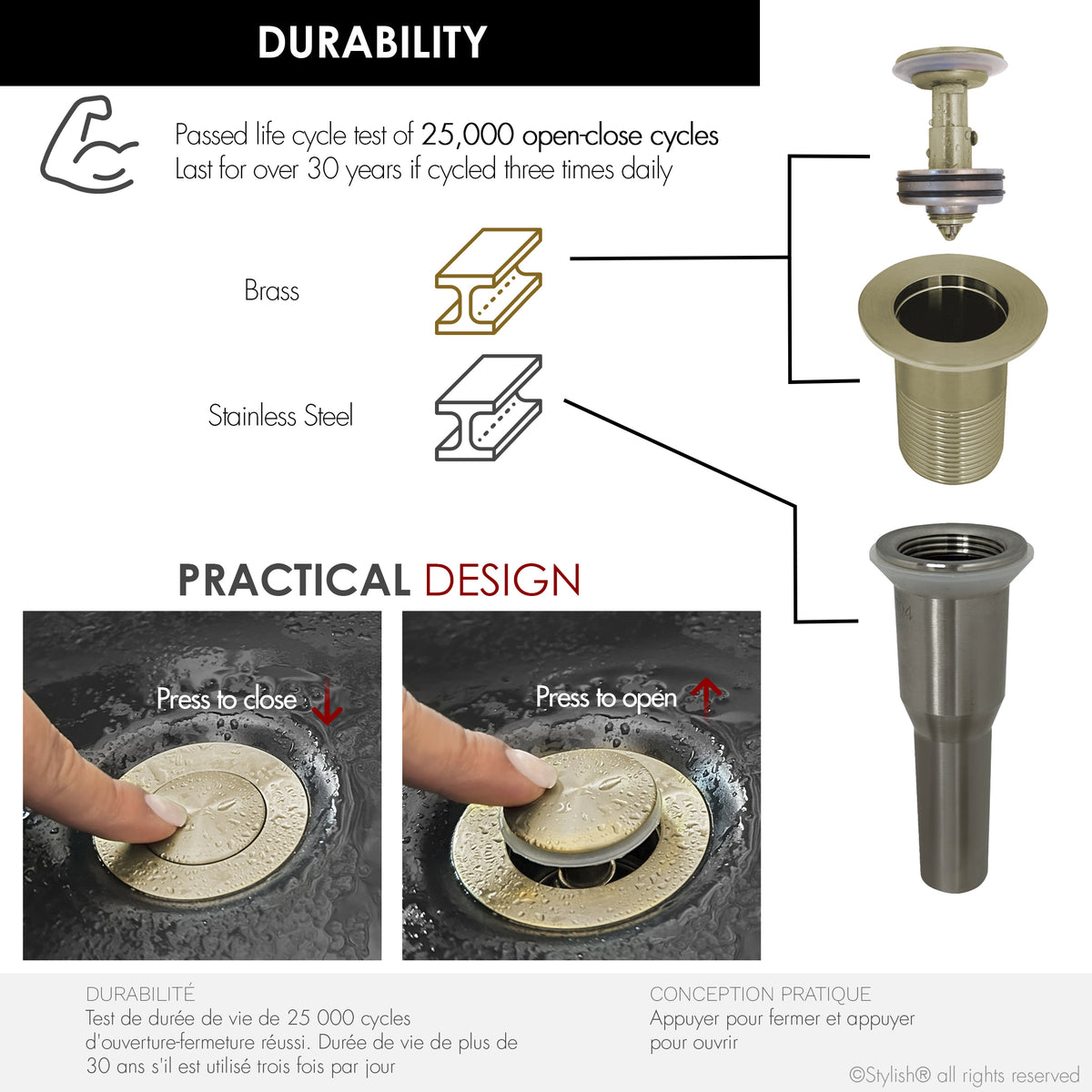 Stylish Brushed Gold Standard Pop-Up Drains Set Vessel Sink Without Overflow D-703G2