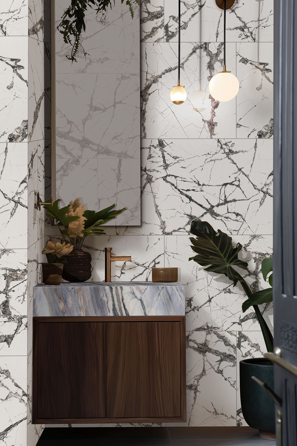MSI Exotika Lux Iceberg 24 x 48 Polished Porcelain tile (NWGLUXICEWHI2448P) – MSI room scene (bathroom)