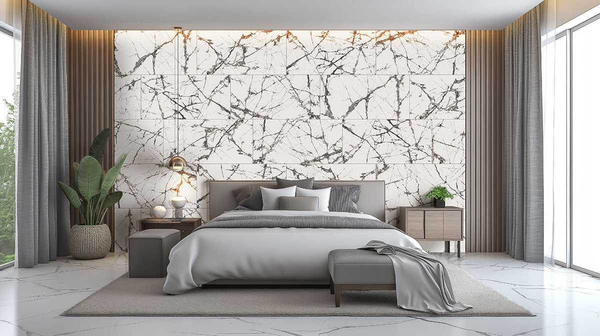 MSI Exotika Lux Iceberg 24 x 48 Polished Porcelain tile (NWGLUXICEWHI2448P) – MSI room scene (bedroom)